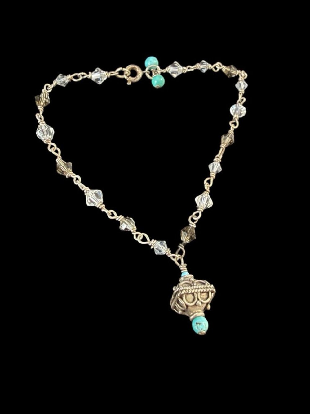 Vintage Sterling Silver Faceted Crystal Turquoise Charm Dangle Bracelet 8”